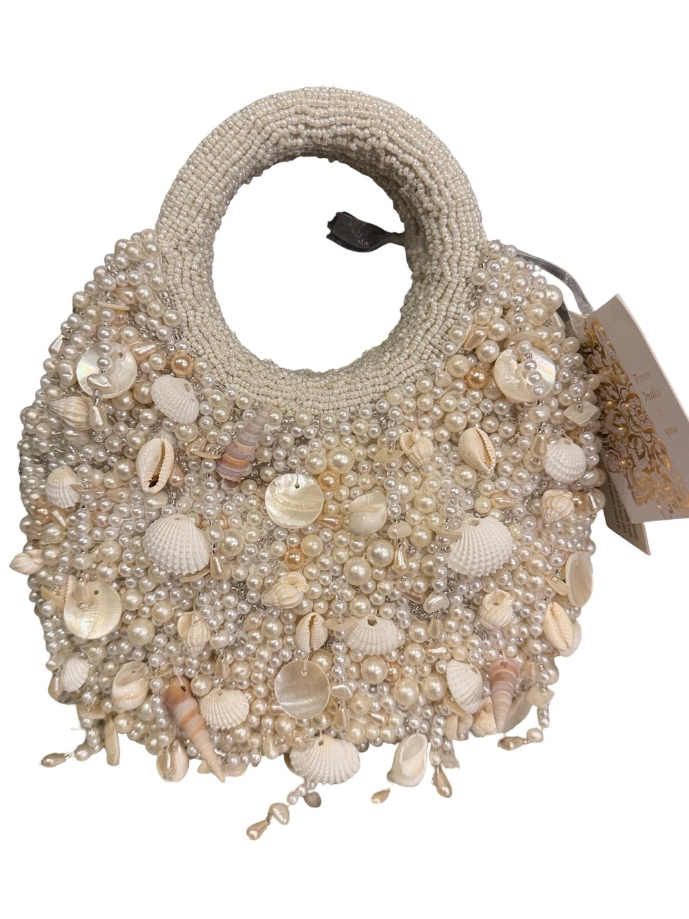 Sea Shell Beaded Faux Pearl Clutch Handle Bag NWT